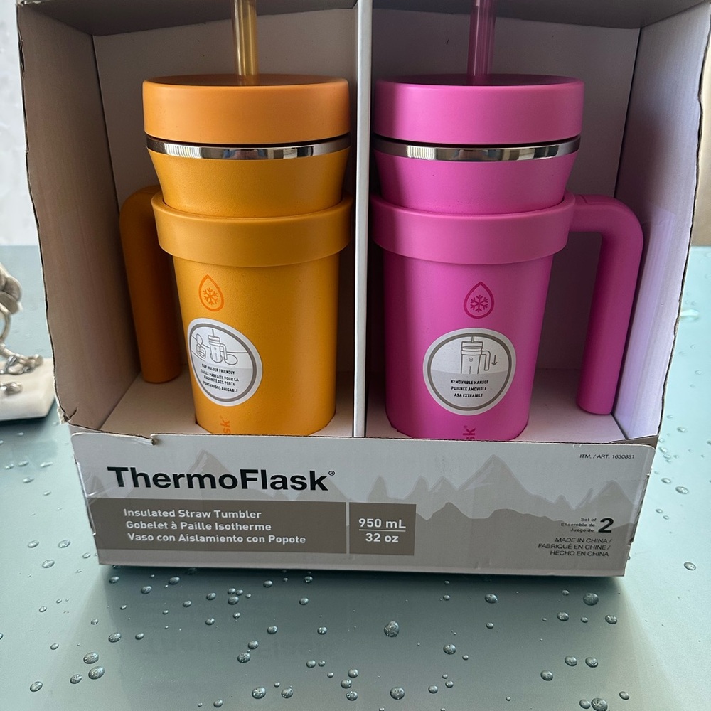 Insulated Straw Tumbler Set - Pink and Orange